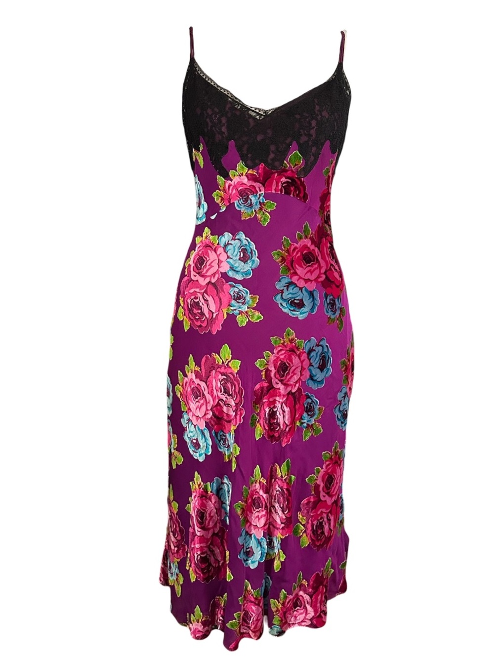 y2k Vintage Betsey Johnson 1990s Floral Burnout Velvet Slip Dress 8
